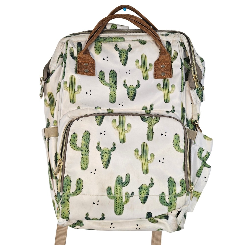 Cactus Print Diaper Bag Backpack White Green Desert Succulent Travel Bag